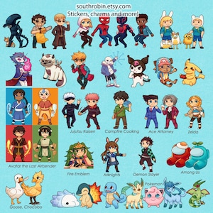 May include: A collection of colorful cartoon character stickers featuring popular anime, video game, and movie characters. The stickers are arranged in rows and include characters from Jujutsu Kaisen, Campfire Cooking, Ace Attorney, Zelda, Avatar the Last Airbender, Fire Emblem, Arknights, Demon Slayer, Among Us, Pokemon, and Goose, Chocobo.