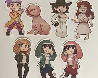 May include: Set of 8 cartoon character stickers featuring a pink monster, a woman in a white dress and a black hat, a woman in a white dress with a blindfold, a woman in a green jacket, a woman in a pink jacket, and a woman in a black leather jacket.