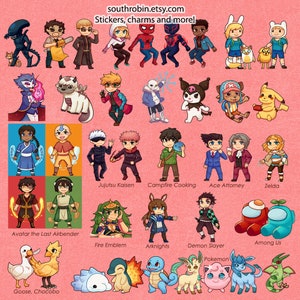 May include: A collection of colorful cartoon character stickers featuring characters from popular anime, video games, and movies. The stickers are arranged in rows and include characters like Spider-Man, Zelda, and characters from the anime series "Avatar: The Last Airbender".