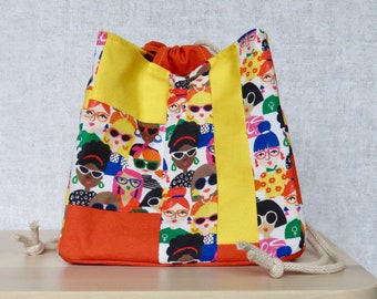 Japanese Rice Bag, Komebukuro Faces Storage Bag, Large Project Bag for Crafts, Reusable Gift Bag for Birthday, Cotton Drawstring Bag for Her