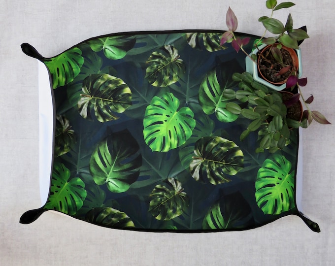 Indoor Houseplant Potting Mat, Monstera Leaf Table Gardening Surface with Snap Raised Edges