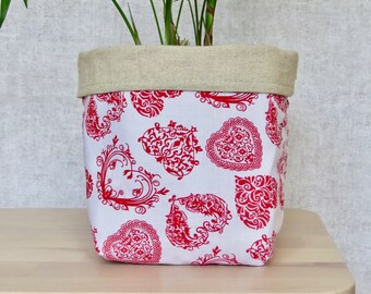 Red Heart Fabric Plant Pot Cover, Valentines Linen Planter Basket, Gift for Plant Lovers