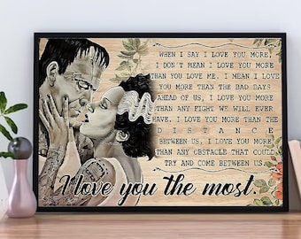 Frankenstein And Bride Inspired Movie Retro Poster, Vintage Wall Art Horror Poster, Scary Painting Halloween Gift For Couple Decor Unframed