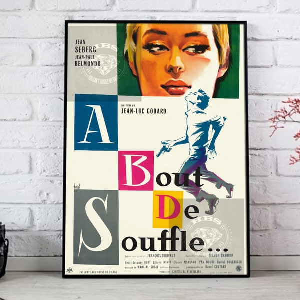 Breathless 1960 Film Poster, Breathless Vintage Movie Poster Home Decor, Retro Cinema A Bout de Souffle Poster Art Gift Poster Unframed