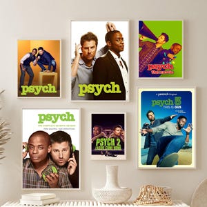 May include: A collection of framed posters featuring the TV show "Psych". The posters display images of the show's cast and the show's title in green. The posters are arranged on a beige wall above a white bench with woven baskets.