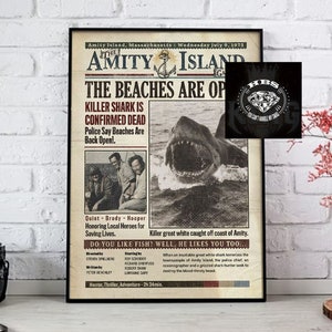 Jaws 1975 Thriller Film Poster, Martin Brody Amity Island Quint Shark Chief Brody Vintage Movie Poster Gift Newspaper Home Decor Poster