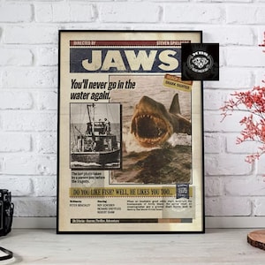 Jaws 1975 Horror Movie Poster, Martin Brody Amity Island Retro Classic Poster Womens Mens Newspaper Style Poster, Home Office Decor Unframed