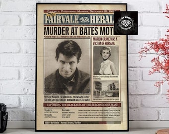 Psycho 1960 Horror Movie Poster, Norman Bates Marion Crane Fairvale Vintage Retro Poster, Newspaper Art Poster Gift Women Men Decor Unframed