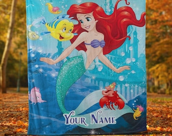 Custom Name LittleMermaid Fleece Blanket, Personalized Disneyland Inspired Blanket, LittleMermaid Kids, Birthday Gift, Baby Shower Gifts