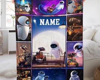 Custom Name WALL E Animated Blanket, Personalized Wall e and Eve Fleece Blanket, Disneyland Robot Blanket Birthday Gift Christmas Gift