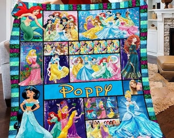 Personalized Disney Princesses Fleece Blanket, Little-Mermaid, Tangled, Cinderella Disneyland Magical Princesses Blanket, Baby Girl Gift