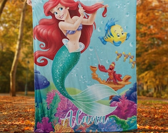 Custom Name LittleMermaid Fleece Blanket, Personalized Disneyland Princess Blanket, LittleMermaid Kids, Birthday Gift, Baby Shower Gifts
