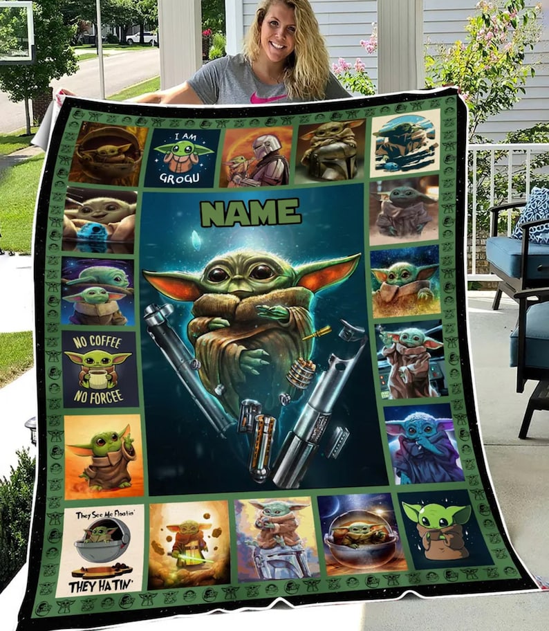 May include: A green and brown Grogu-themed blanket featuring various images of Grogu, lightsabers, and the text "I AM GROGU", "NO COFFEE NO FORCEE", and "THEY SEE ME FLOATIN' THEY HATIN'". The blanket has a dark green border.