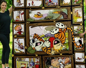 Calvin Hobbes Cute Comic Fleece Blanket, Cartoon Strip Blanket, Calvin Hobbe.s Funny Fleece Blanket, Birthday Gift, Christmas Gift