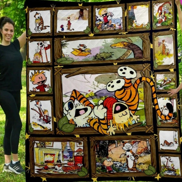 Calvin Hobbes Cute Comic Fleece Blanket, Cartoon Strip Blanket, Calvin Hobbe.s Funny Fleece Blanket, Birthday Gift, Christmas Gift