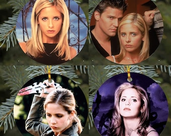 May include: Set of four round Christmas ornaments featuring images of a blonde woman. Each ornament has a gold string for hanging. The images include portraits and scenes from a television show.