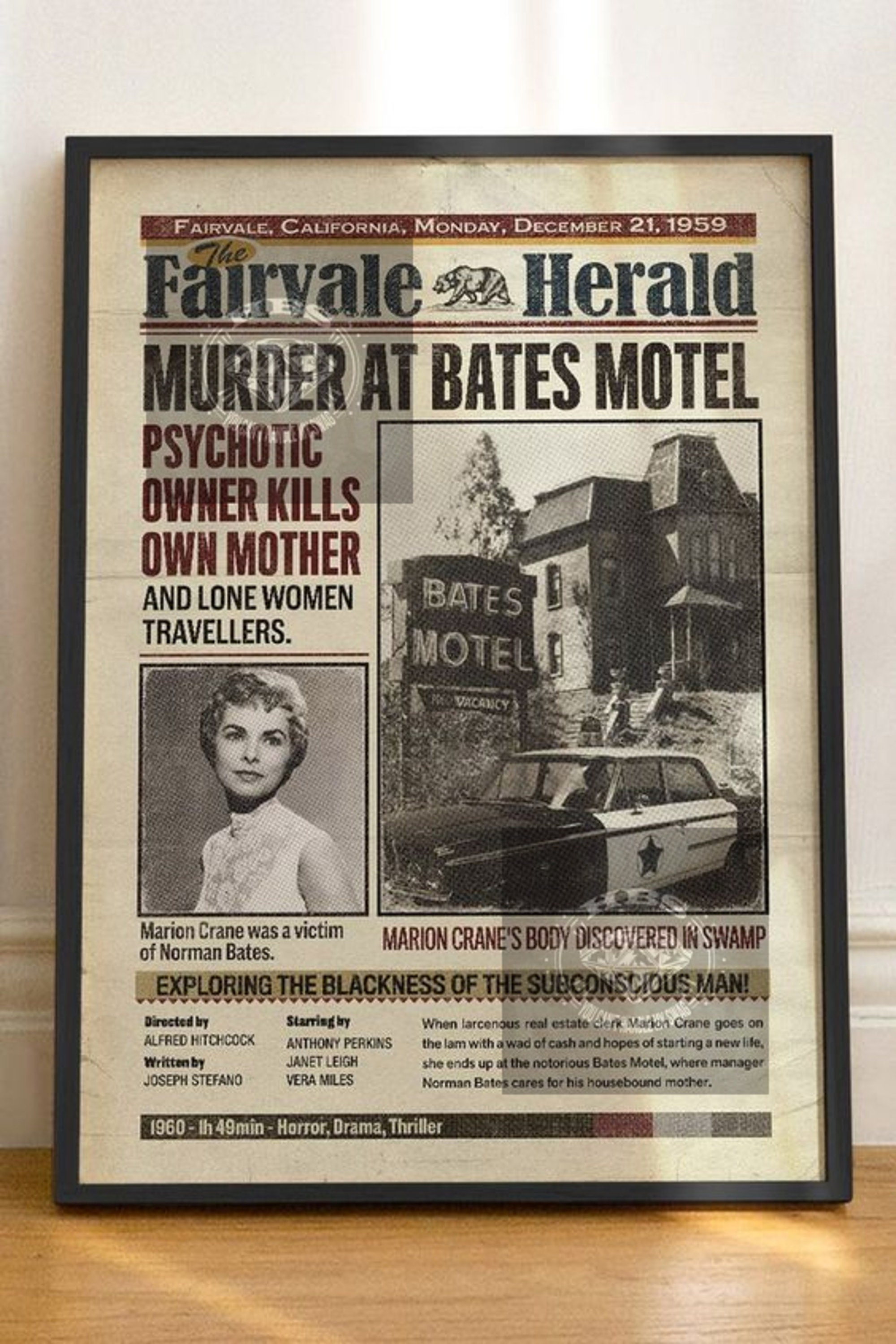 Psycho Movie Poster – 1960 Alfred Hitchcock – 11x17 Inch Reproduction, Norman Bates