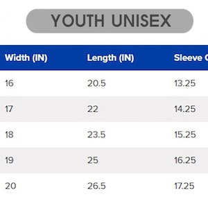 May include: A size chart for youth unisex clothing, with measurements in inches. The chart includes sizes XS to XL, listing width, length, and sleeve center back measurements. The text "YOUTH UNISEX" is at the top.