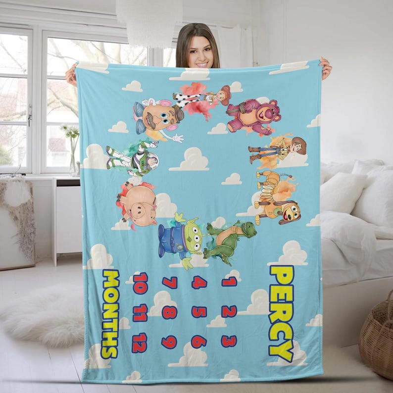 Custom Name Toy-Story Fleece Blanket, Got Friend In Me, To Infinity And Beyond Disneyland Toy Milestone Blanket, Buzz Woody Jessie T-Rex image 1