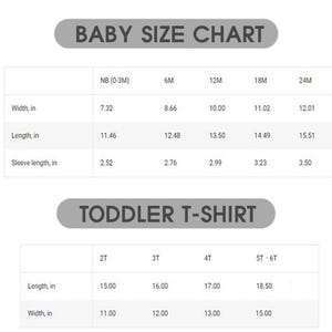 May include: A baby and toddler t-shirt size chart with measurements in inches. The chart includes sizes from newborn to 5T-6T, detailing width, length, and sleeve length for baby sizes. Toddler sizes show length and width.