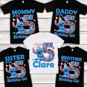 May include: Five t-shirts, black and white, with a cartoon character and the number 5. The shirts read "Mommy", "Daddy", "Sister", "Brother", and "Clare". The character is blue with a party hat.