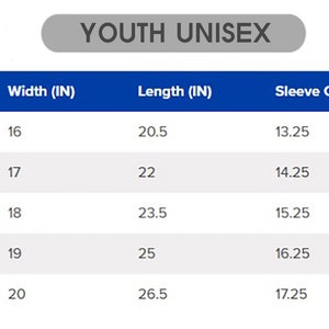 May include: A size chart for youth unisex clothing, with measurements in inches. The chart includes sizes XS to XL, listing width, length, and sleeve center back measurements. The text "YOUTH UNISEX" is at the top.