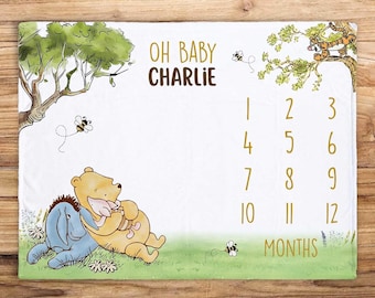 Custom Winnie-the Pooh Cute Milestone Blanket, Pooh Tigger Piglet Eeyore Monthly Growth Cartoon Fleece Blanket, Nursery, Baby Shower Decor
