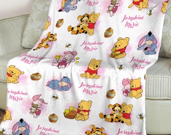Personalized Winnie Movie The Pooh and Friends Fleece Blanket Pooh Bear Blanket Custom Tigger Piglet Eeyore Blanket Cartoon Pooh Fleece