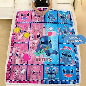 Personalized Disneyland Stitch Fleece Blanket, Disneyworld Custom Lilo and Stitch Blanket, Stitch Cartoon Birthday Blanket, Couple Bedroom