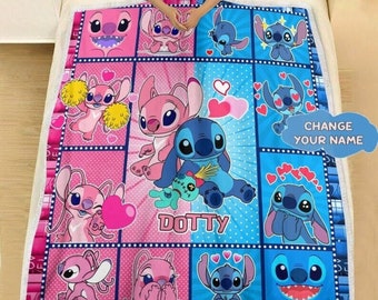 Personalized Disneyland Stitch Fleece Blanket, Disneyworld Custom Lilo and Stitch Blanket, Stitch Cartoon Birthday Blanket, Couple Bedroom