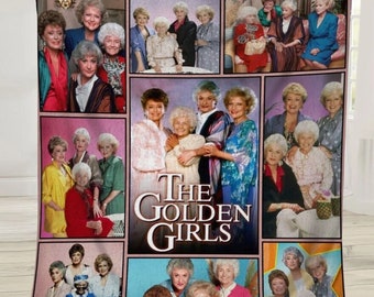 May include: A fleece blanket featuring multiple images of the cast of the television show "The Golden Girls." The blanket has a pink border and the show's logo in the center. The images are in various colors.
