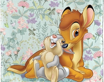 Disneyland Bambi Fleece Blanket, Botanical Duo, Young Fawn and Rabbit Thumper, Vintage Floral Blanket, 40s Animated Film, Retro Blanket