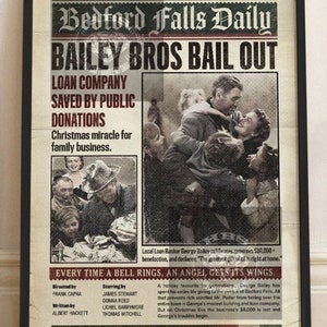 It&#39;s A Wonderful Life Christmas Film Poster, George Bailey, Mary Hatch, Vintage Christmas Movie Newspaper Art Print Poster Gift Decor Home