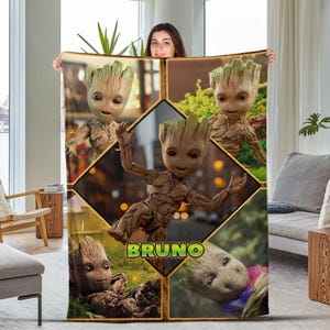 May include: A brown and green blanket featuring multiple images of the character Groot from Guardians of the Galaxy. The blanket has a diamond-shaped design with the name "BRUNO" in green letters.