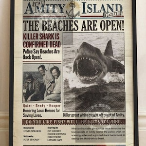 Jaws 1975 Thriller Film Poster, Martin Brody Amity Island Quint Shark Chief Brody Vintage Movie Poster Gift Newspaper Home Decor Poster