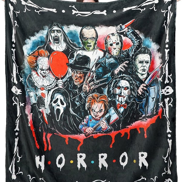 Scary Movies Horror Fleece Blanket, Michael Myers, Freddy Krueger, Chucky Good Guy Doll, Horror Friends Vintage Blanket for Couch Sofa Bed