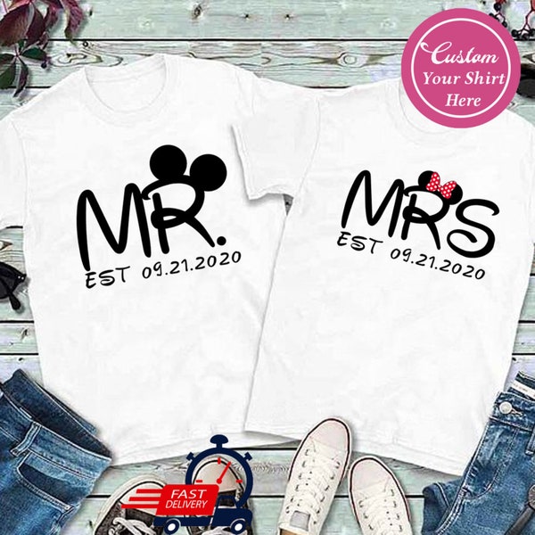 Custom Disneyland Mr. and Mrs Shirts, Personalized Mickey and Minnie Couple Shirt, Honeymoon Wedding Valentine Matching Couple Disney world