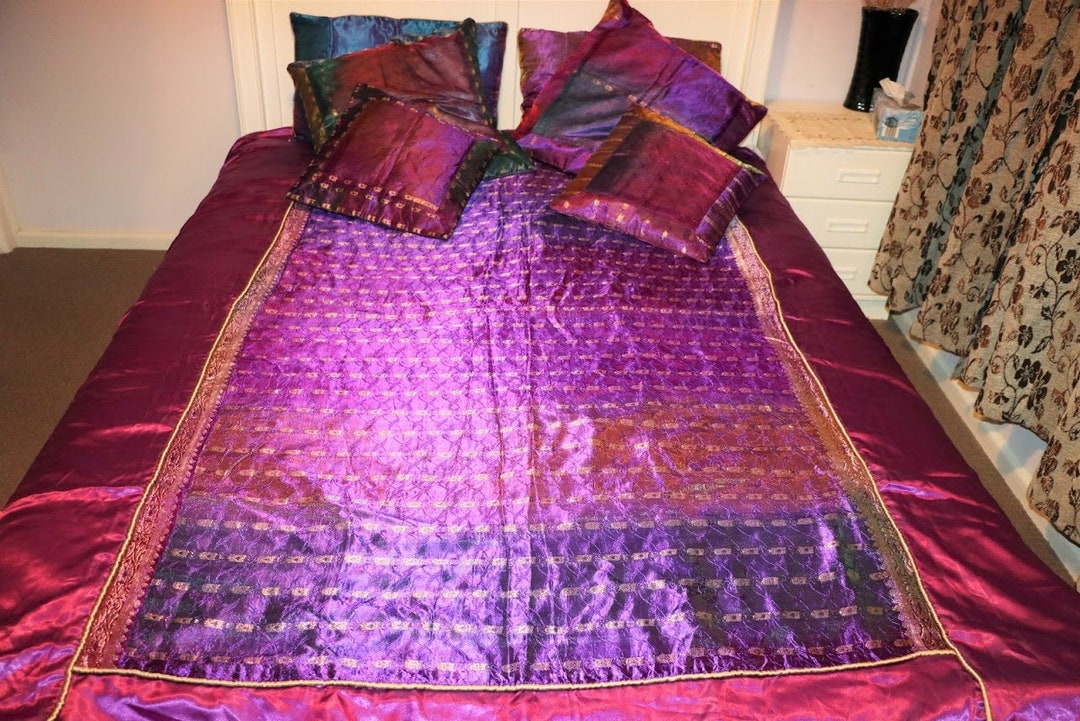 NEW Double Bed Quilt, Pillow & Cushion Cover Handmade Indian Style Silk