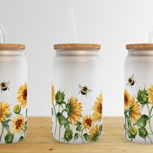 Bee Sunflower 16 oz Libbey Glass Can Tumbler Sublimation Design,Glass Can Sublimate Designs,Glass Can tumbler design PNG download