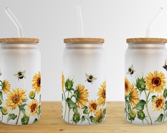Bee Sunflower 16 oz Libbey Glass Can Tumbler Sublimation Design,Glass Can Sublimate Designs,Glass Can tumbler design PNG download