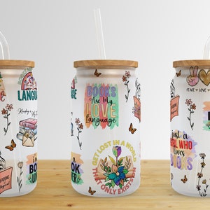Book Lover 16 oz Libbey Glass Can Tumbler Sublimation Design,Butterfly Flower Glass Sublimate Designs,Glass Can tumbler design PNG download
