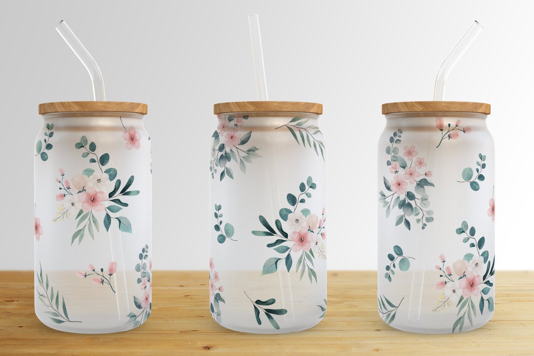 Floral 16 Oz Libbey Glass Can Tumbler Sublimation Design,glass Can ...
