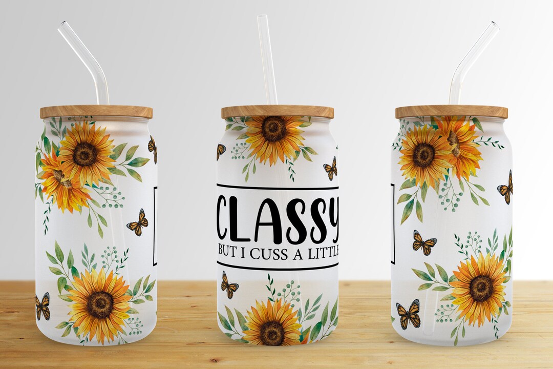 Sunflower Butterfly 16 Oz Libbey Glass Can Tumbler Sublimation Design ...