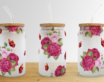 Watercolor Butterfly Flower 16 Oz Libbey Glass Can Tumbler Sublimation ...