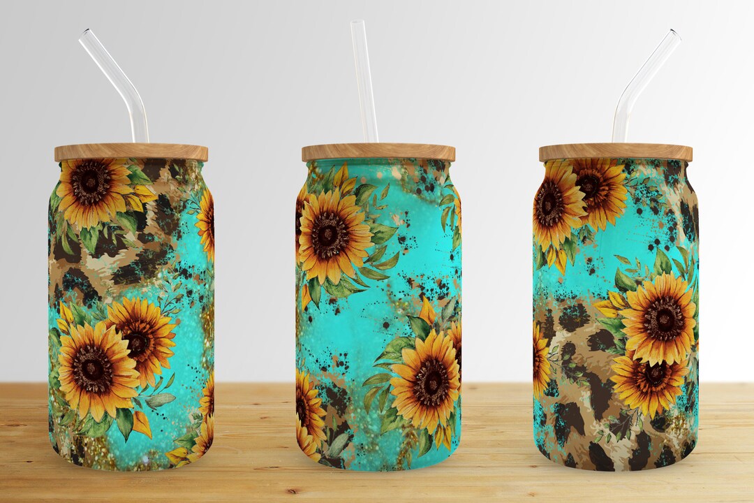 Sunflower Leopard 16 Oz Libbey Glass Can Tumbler Sublimation Design ...