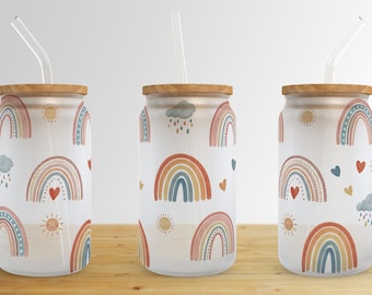 Boho Rainbow 16 oz Libbey Glass Can Tumbler Sublimation Design,Glass Can Sublimate Designs,Glass Can tumbler design PNG download