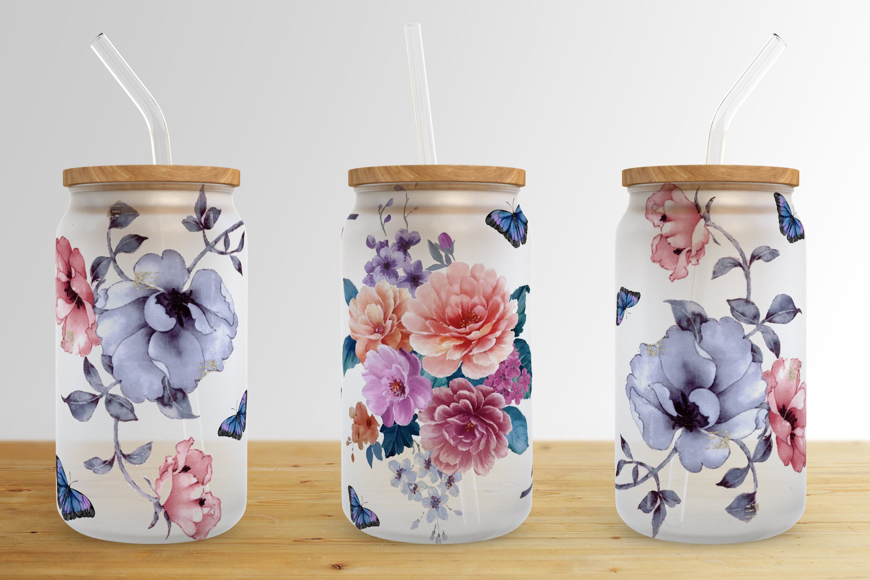 Floral Butterfly 16 Oz Libbey Glass Can Tumbler Sublimation Design ...