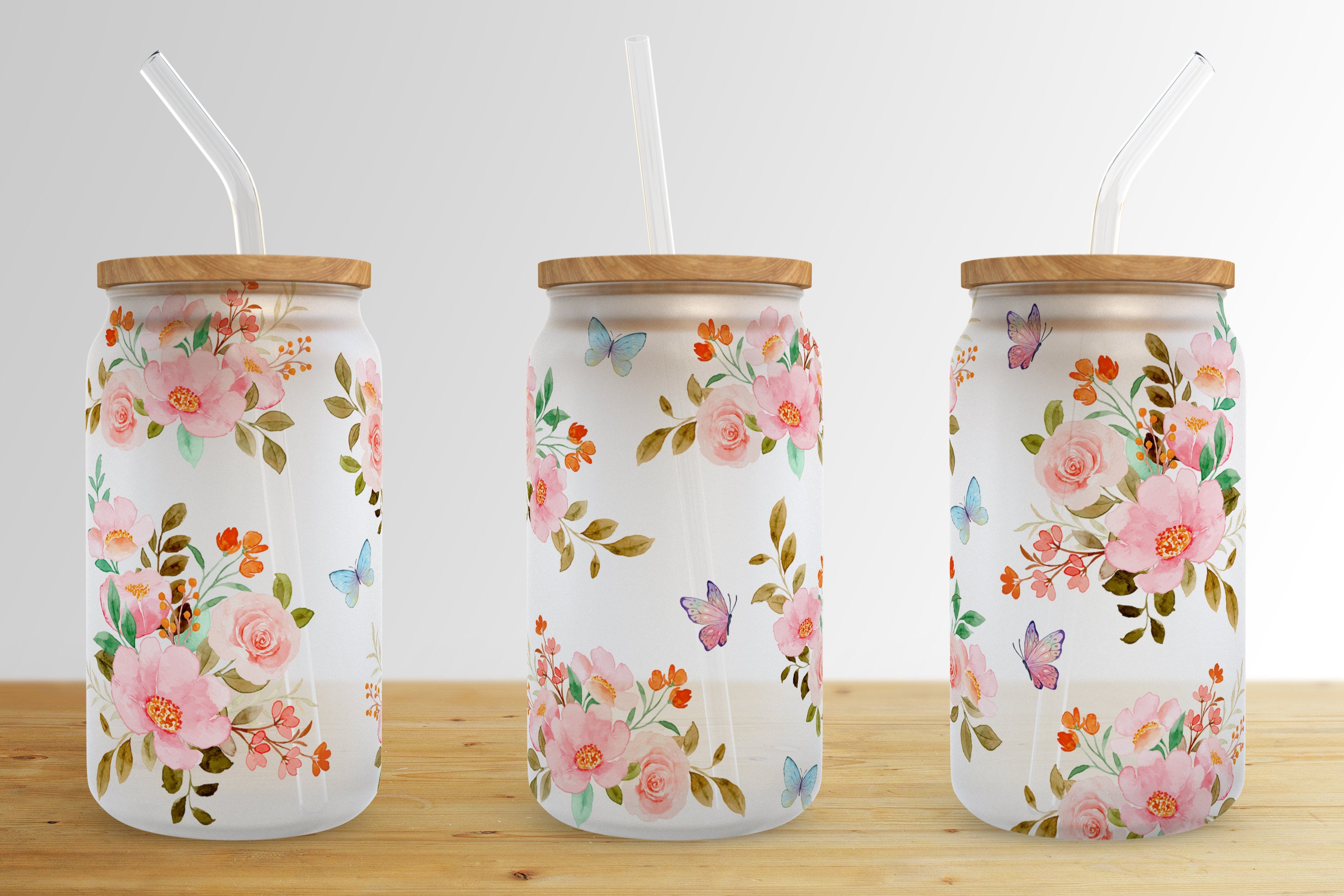Floral Butterfly 16 Oz Libbey Glass Can Tumbler Sublimation Design ...
