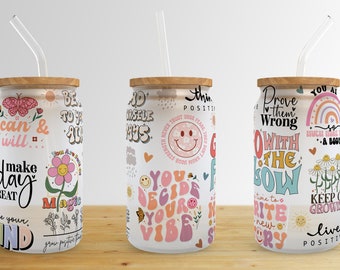 Boho Positive Word 16 oz Libbey Glass Can Tumbler Sublimation Design,Glass Can Sublimate Designs,Glass Can tumbler design PNG download