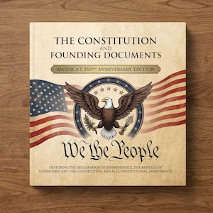May include: A hardcover book titled The Constitution and Founding Documents: America's 250th Anniversary Edition. The cover features a bald eagle centered within a circular emblem, flanked by American flags, and the text We the People in script.